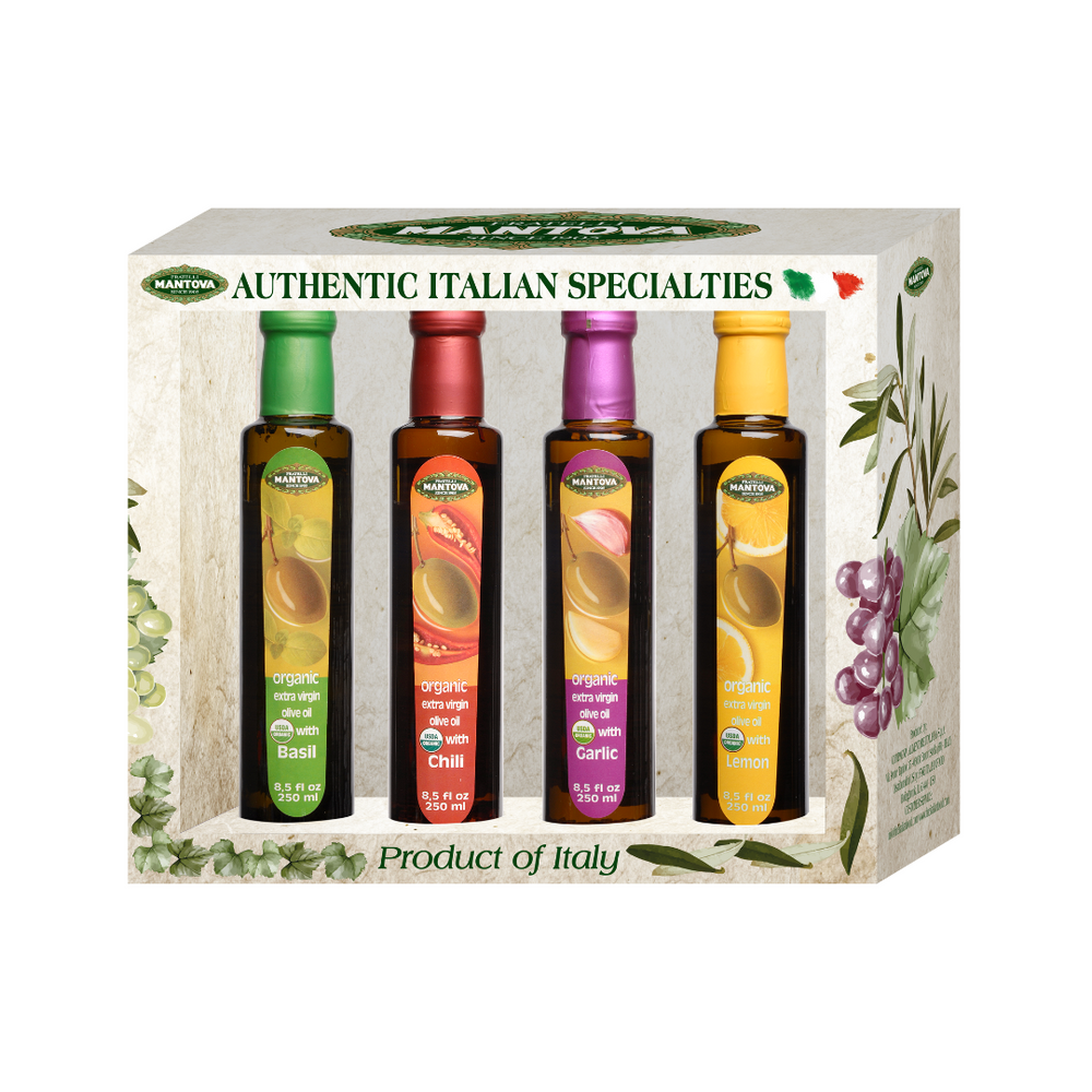 Mantova Organic Extra Virgin Olive Oil Variety Set: Garlic, Basil